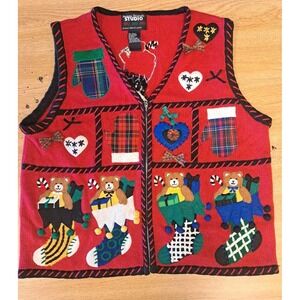 Vtg  HO HO HO Women's Christmas Sweater Vest With Teddy Bear Design Size PM.
